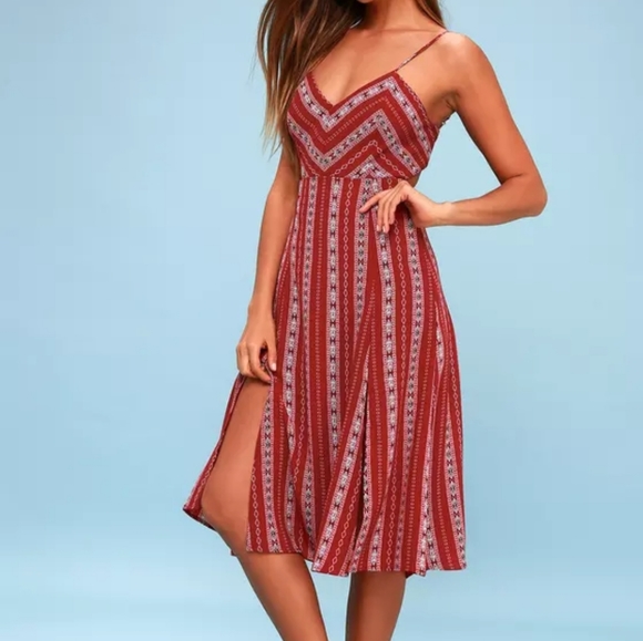 Red Rust Print Midi Dress with tie back - Picture 3 of 4